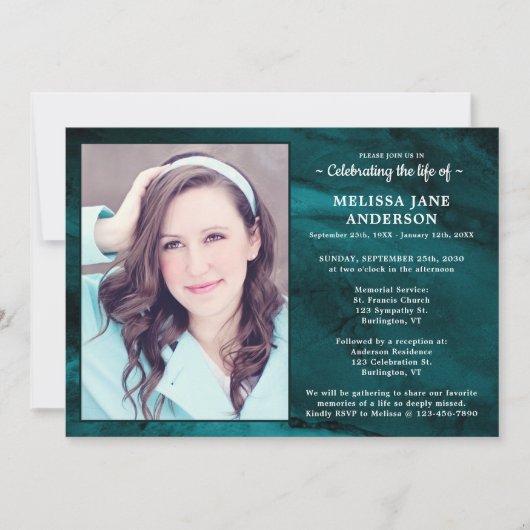 Moderne Beerdigungsfeier aus lebendem grünem Marmo Einladung (Vorderseite)