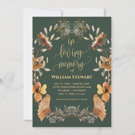Moderne Beerdigungsfeier des Lebens Boho Dunkelgrü Einladung (Vorderseite)