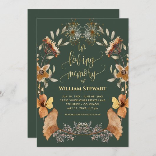 Moderne Beerdigungsfeier des Lebens Boho Dunkelgrü Einladung (Vorne/Hinten)