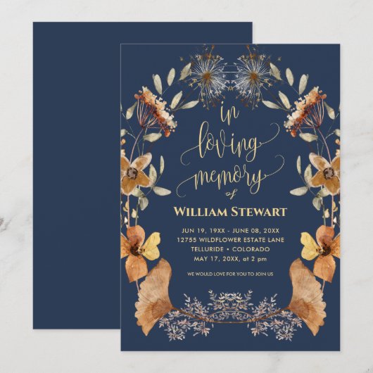 Moderne Beerdigungsfeier des Lebens Boho Navy Blue Einladung (Vorne/Hinten)