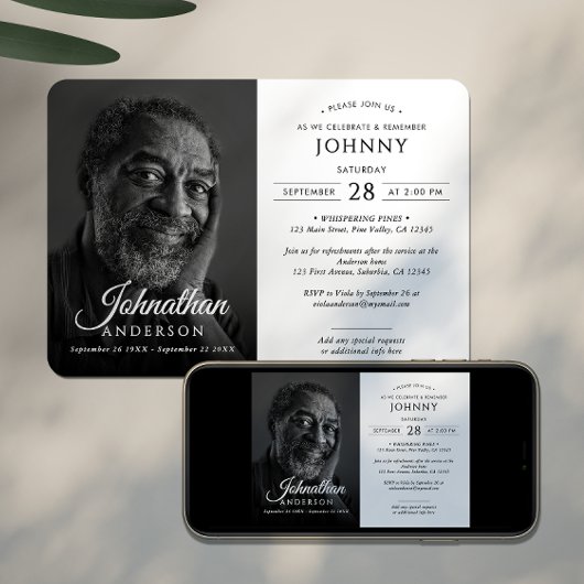 Moderne Beerdigungsfeier zum Foto des Lebens Einladung