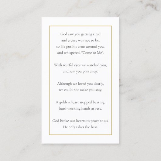 Moderne Beerdigungskarten Foto-Gebetskarte Visitenkarte (Rückseite)