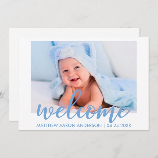 Moderne Begrüßung Neue Baby Boy Blue Card Ankündigung (Vorne/Hinten)