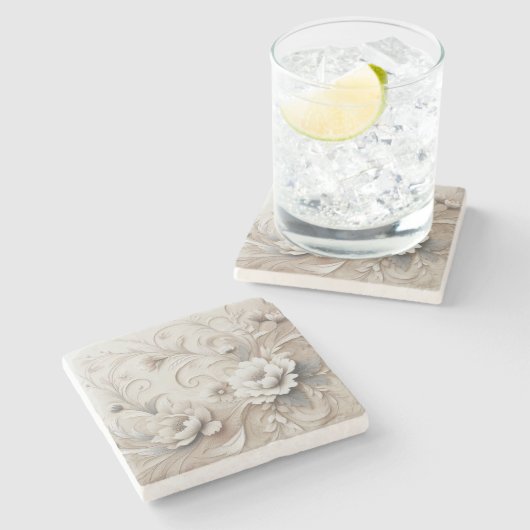 Moderne beige Blume 3 Steinuntersetzer (Seitenansicht)