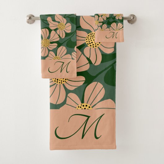 Moderne beige Blume mit grünen Blätter Badhandtuch Set (Insitu)