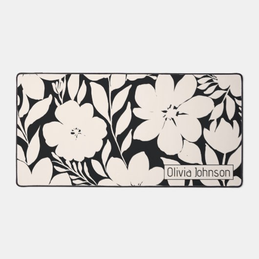 Moderne beige Blume Schwarz Botanisch Schreibtischunterlage (Vorderseite)