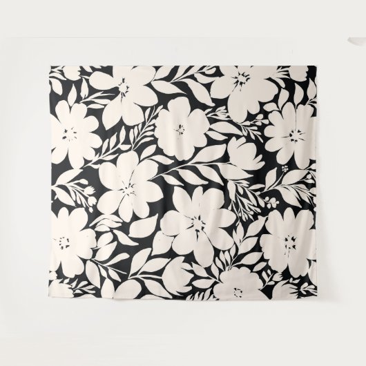 Moderne beige Blume Schwarz Botanisch Wandteppich (Vorderseite (Horizontal))