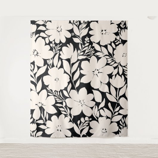 Moderne beige Blume Schwarz Botanisch Wandteppich (Vorderseite)