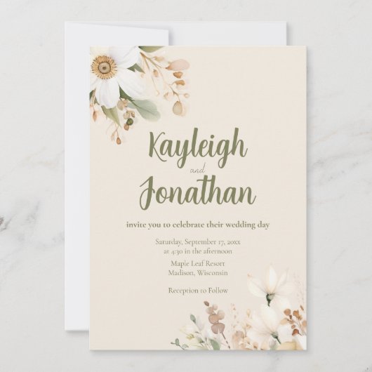 Moderne Beige Blumenhochzeit Einladung (Vorderseite)