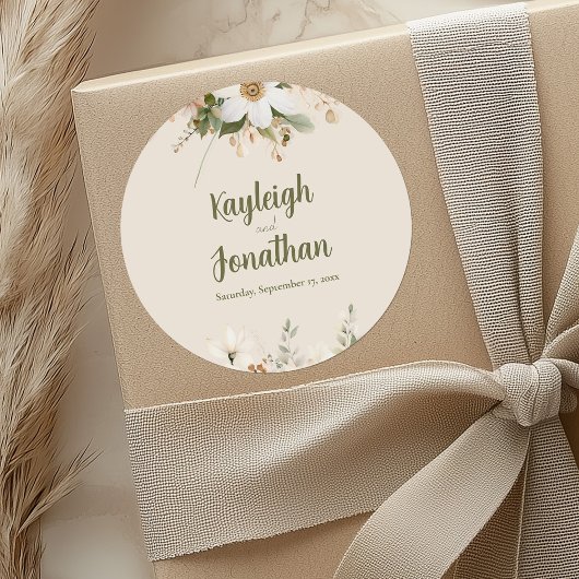 Moderne Beige Blumenhochzeit Runder Aufkleber