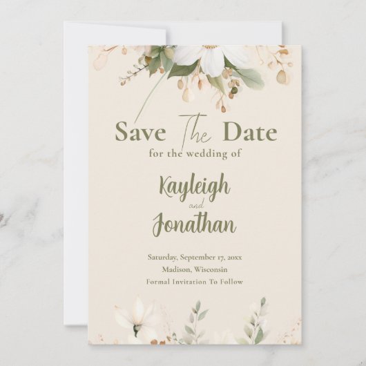 Moderne Beige Blumenhochzeit Save The Date (Vorderseite)