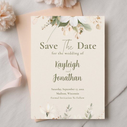Moderne Beige Blumenhochzeit Save The Date