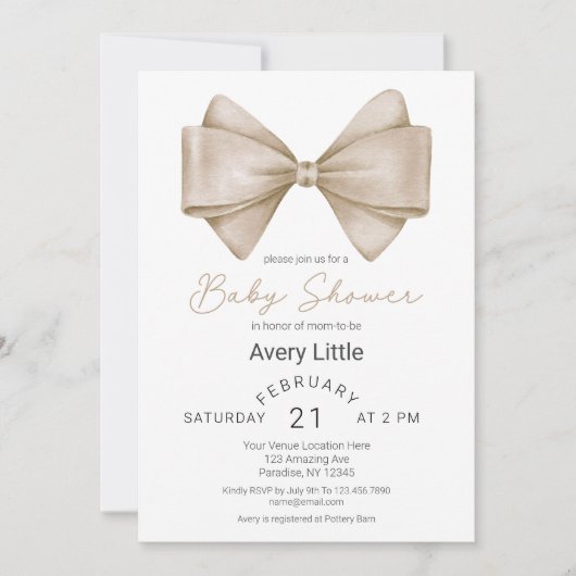 Moderne Beige Bow Babydusche Einladung (Vorderseite)