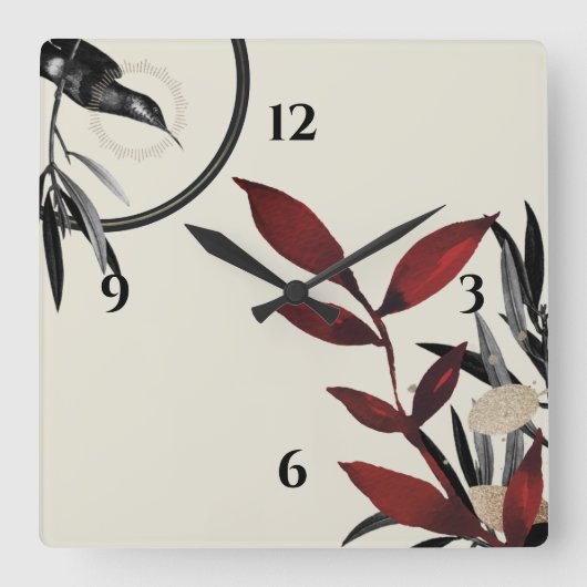 Moderne Beige & Burgund Red Watercolor Botanisch Quadratische Wanduhr (Vorderseite)