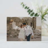 Moderne Beige-Foto-Script-Hochzeitsdetails Begleitkarte (Stehend Vorderseite)
