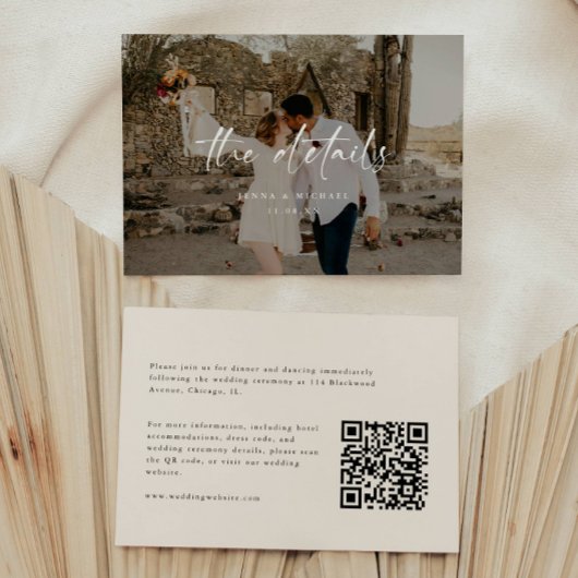Moderne Beige-Foto-Script-Hochzeitsdetails Begleitkarte