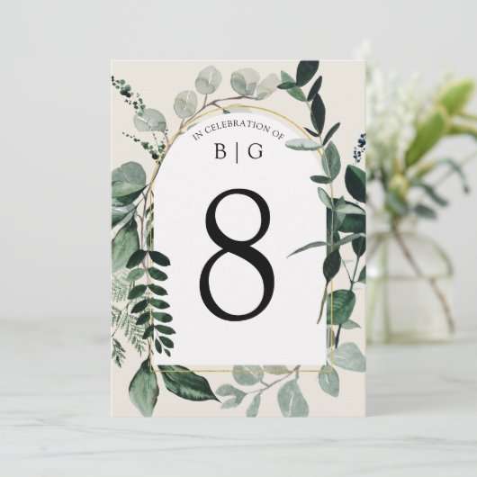 Moderne beige Hochzeitsfeier im Garten Tischnummer (Stehend Vorderseite)