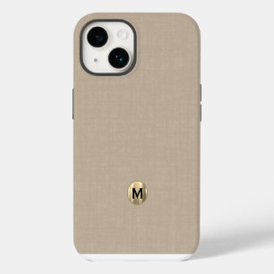 Moderne beige Leinen-Linien gebürstet Gold-Monogra iPhone 14 Hülle