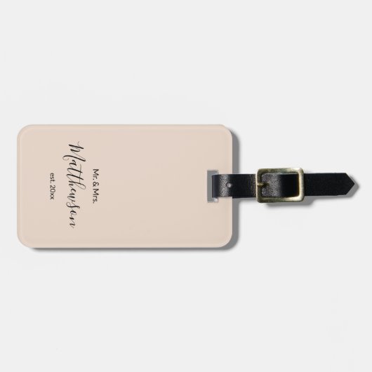 Moderne Beige Mr. and Mrs. Newlyweds Familie Custo Gepäckanhänger (Vorderseite horizontal)