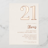 Moderne Beige Rose Gold Elegant 21. Geburtstag Folieneinladung (Vorderseite)