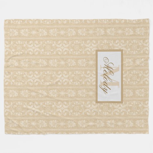Moderne, beige und cremefarbene Damaskus Mit Monog Fleecedecke (Vorderseite (Horizontal))