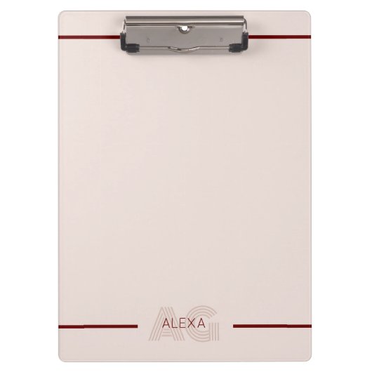 Moderne Beige- und Weinmonogramm Klemmbrett (Vorderseite)