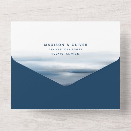 Moderne bemalte Hochzeit am Meer All In One Einladung (Rückseite)