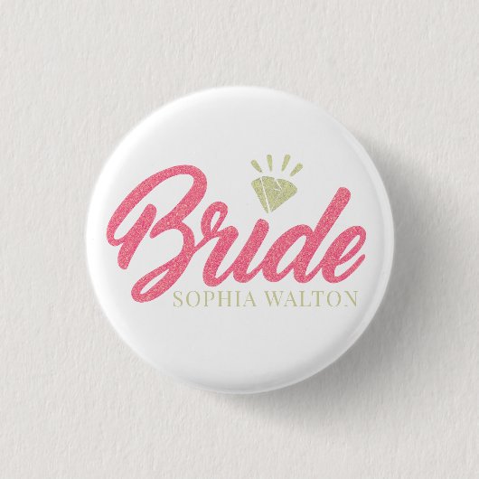 Moderne benutzerdefinierte Brautname Pink Glitter Button (Vorderseite)