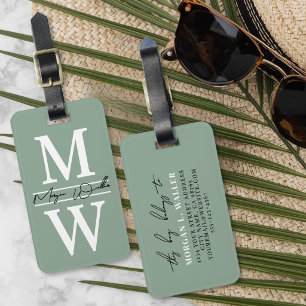 Moderne benutzerdefinierte Salbeigrüne Monogramm-N Gepäckanhänger