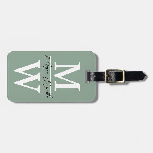 Moderne benutzerdefinierte Salbeigrüne Monogramm-N Gepäckanhänger (Vorderseite horizontal)