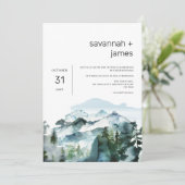 Moderne Berge Pinienbäume Minimalistisch Hochzeit Einladung (Stehend Vorderseite)