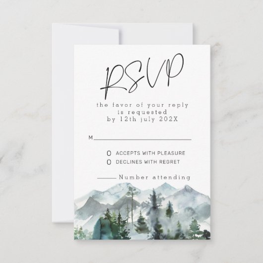 Moderne Berge Wilderness Wedding RSVP Einladung (Vorderseite)