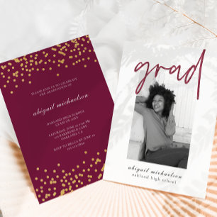 Moderne Berry Imitate Gold Dots Foto Graduation Pa Einladung