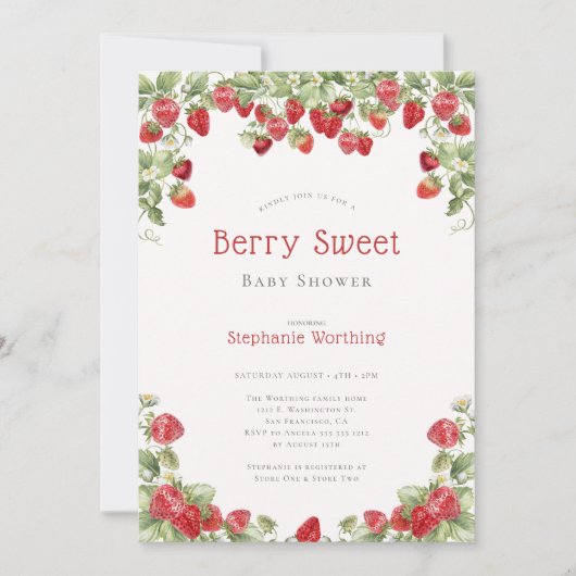 Moderne Berry Sweet Strawberry Baby Dusche Einladung (Vorderseite)