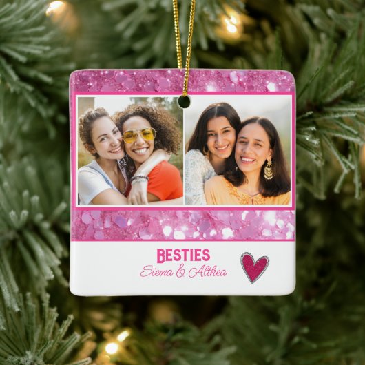 Moderne Besties Best Friend Pink Glitzer 2 Foto Keramikornament (Baum)