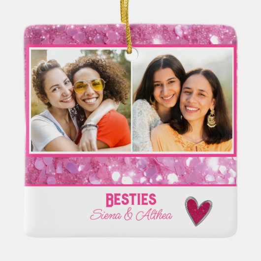 Moderne Besties Best Friend Pink Glitzer 2 Foto Keramikornament (Vorderseite)