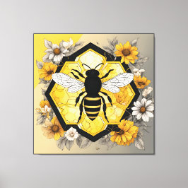 Moderne Biene auf Honeycombe in Gelb und Schwarz Leinwanddruck