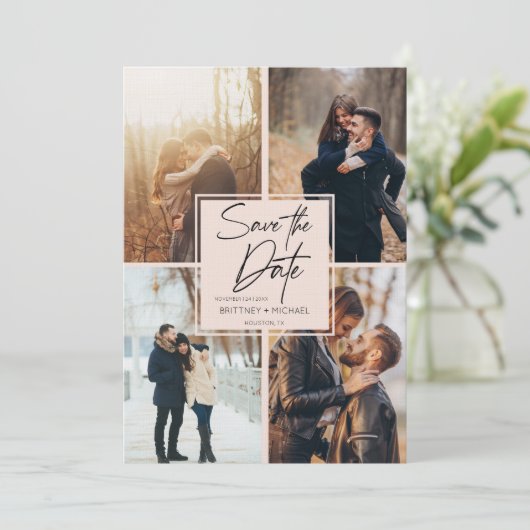 Moderne BildCollage Rosa Save The Date (Stehend Vorderseite)
