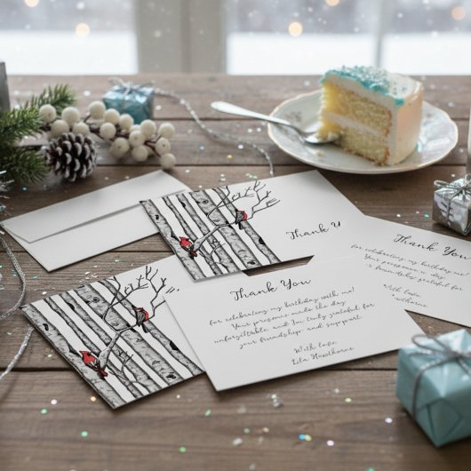 Moderne Birken und Rote Vögel Vielen Dank Mitteilungskarte