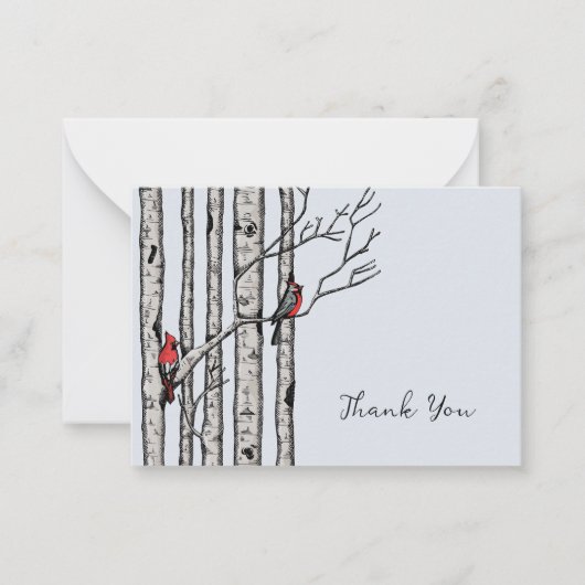 Moderne Birken und Rote Vögel Vielen Dank Mitteilungskarte (Vorderseite)