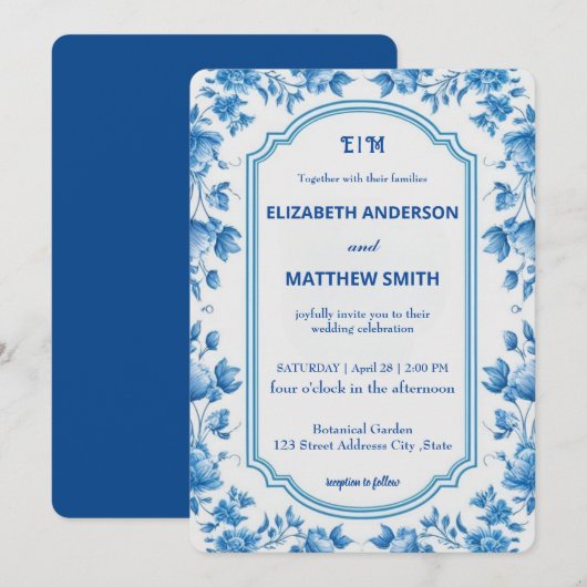 Moderne Biue & White Overlay Blume Hochzeit Einladung (Vorne/Hinten)