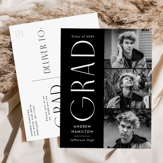 Moderne Black 3 Foto Graduierungsparty Einladungspostkarte