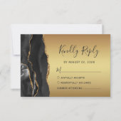 Moderne Black Agate Gold Glam Wedding RSVP Karte (Vorderseite)