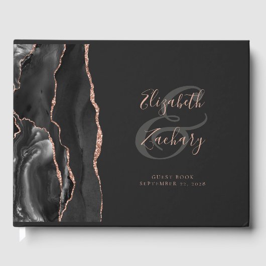 Moderne Black Agate Rose Gold Script Dark Gästebuch (Vorderseite)