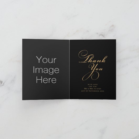 Moderne Black and Gold 3 Foto Hochzeit Dankeskarte (Innenseite)