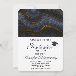 Moderne Black and Gold Agate & Graduation Cap Einladung