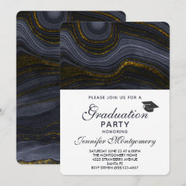 Moderne Black and Gold Agate & Graduation Cap Einladung
