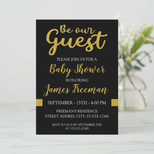 Moderne Black and Gold Baby Dusche Einladung (Stehend Vorderseite)
