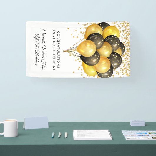 Moderne Black and Gold Balloons Confetti Pension Banner (Messe)