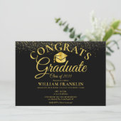 Moderne Black and Gold Foto Graduation Party Einladung (Stehend Vorderseite)